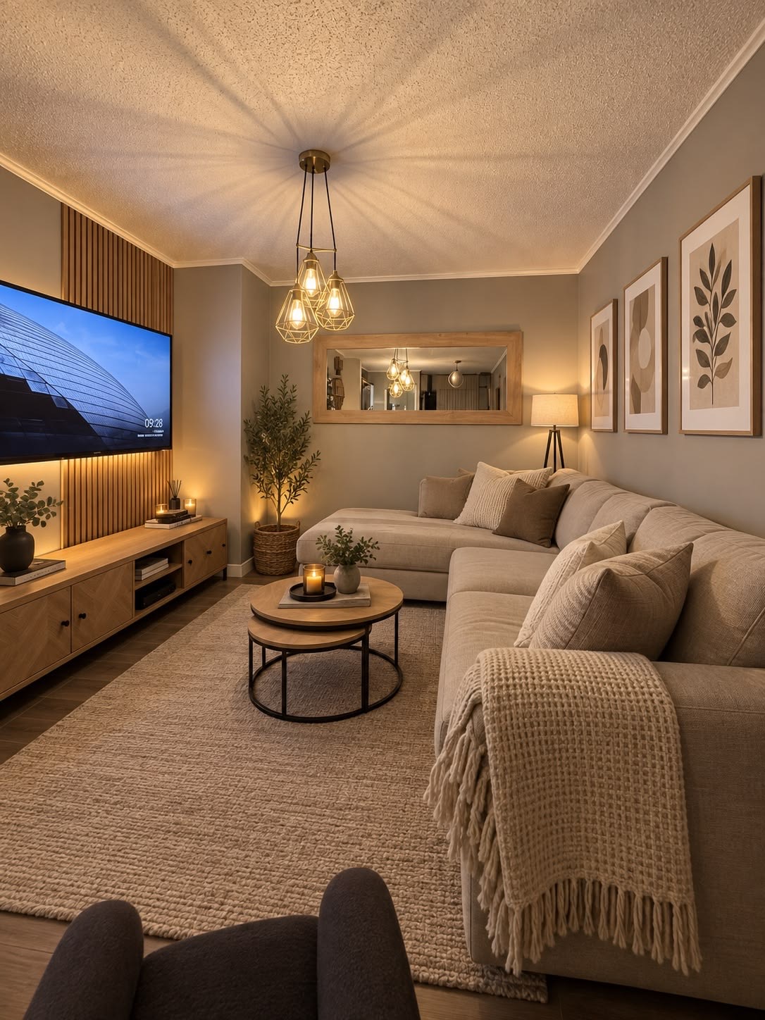 Living con sofá beige, mesa de centro y lámparas cálidas